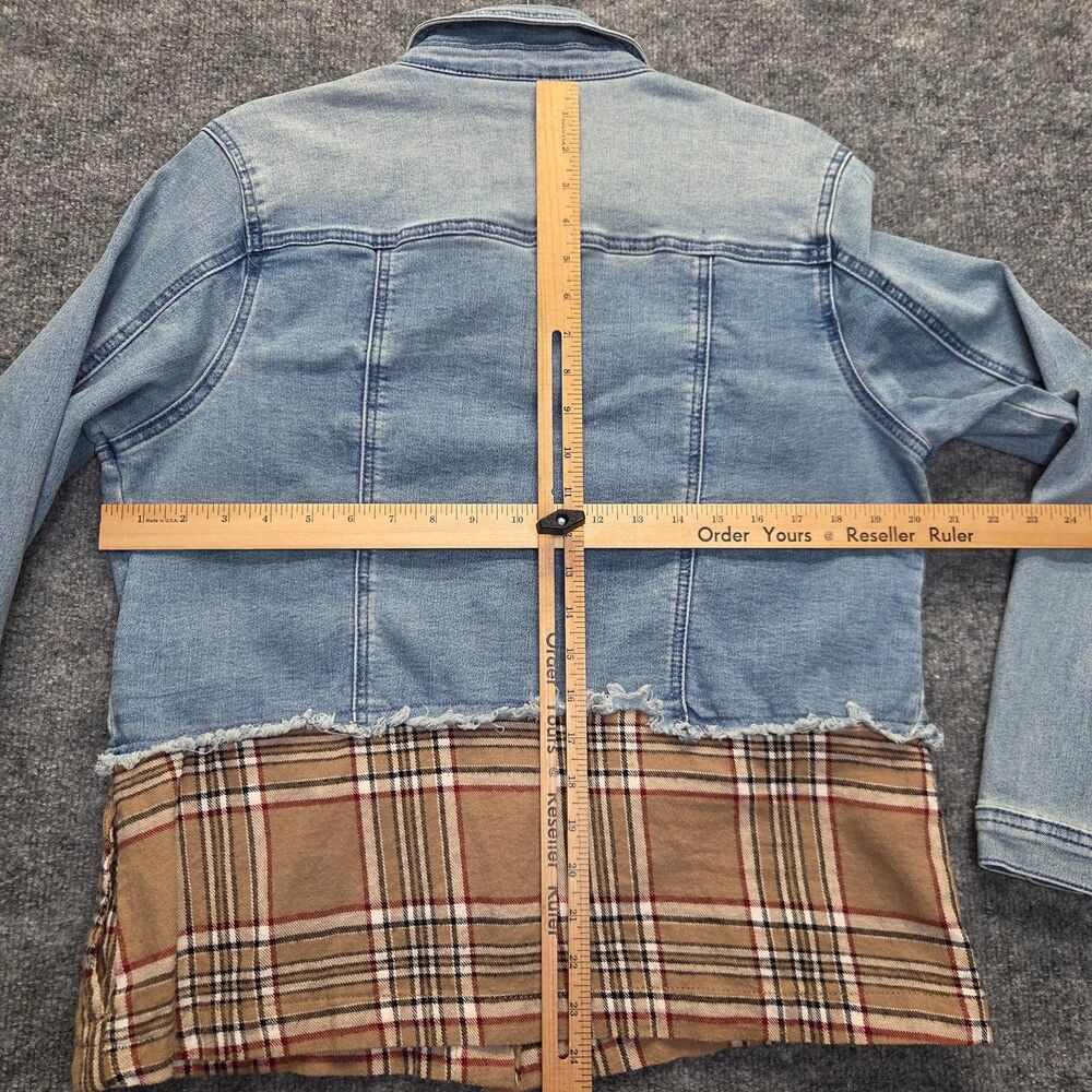 DG2 Diane Gilman Jacket Womens Large Denim Plaid Nova Contrast Hem Button Front - Picture 9 of 11